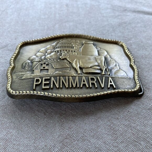 Brass Belt Buckle PENNMARVA Cow Milk Farm Capital Courtesy of Diversey Wyandotte - Picture 3 of 6